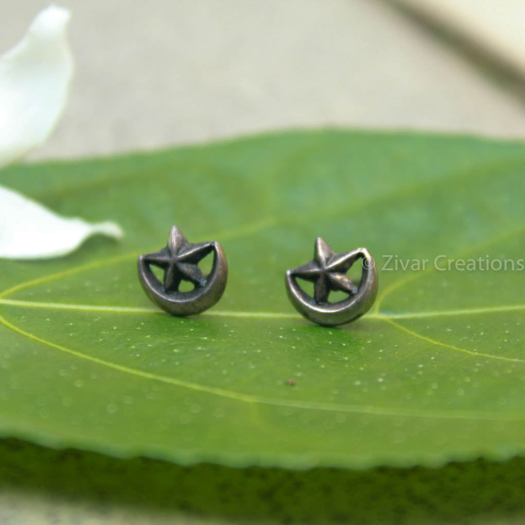 Pure Silver Handcrafted Designer Star And Moon Stone Stud